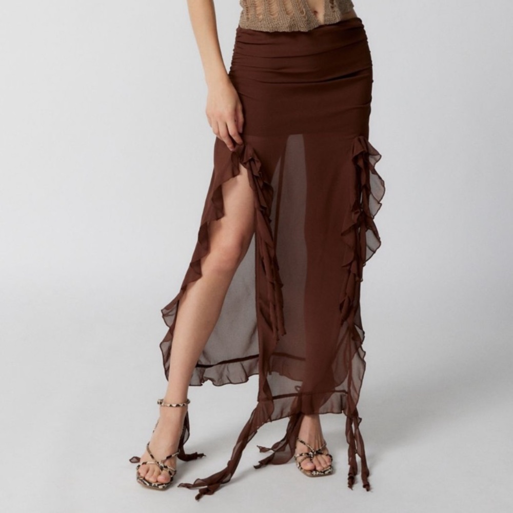 Urban Outfitters Lioness Brown Rendezvous Mesh Semi-Sheer Midi Skirt